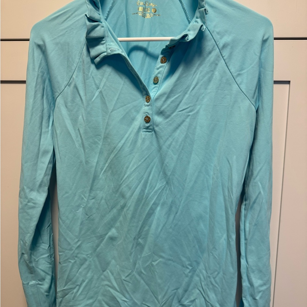 Lilly Pulitzer Luxletic Hutton Polo Shirt Size Small Blue Tennis Golf UPF 50 EUC